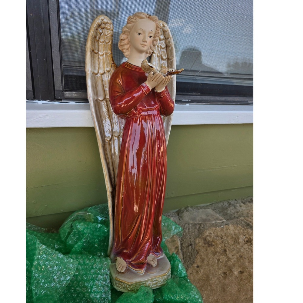 Vintage Large Ceramic Angel Figurine Red Glazed Robe Holding Dove Statue 22.5in